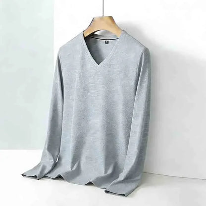 All-season Men's Light Gray V-neck Long Sleeve Knitwear Comfortable Casual Pullover for All Occasions