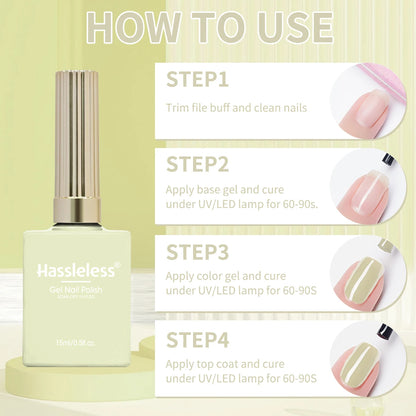 Hassleless 1 Bottle (15ml) Pale Yellow Solid-Color Nail Gel — Simple, Beginner-Friendly Soak-Off Gel Polish, Suitable for All Se