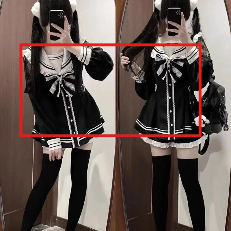 Jirai Kei Sailor Black Dress Lace Patchwork Slim Fit Dresses Japanese Sweet Inner Shorts Set JK School Uniform for Women Girls