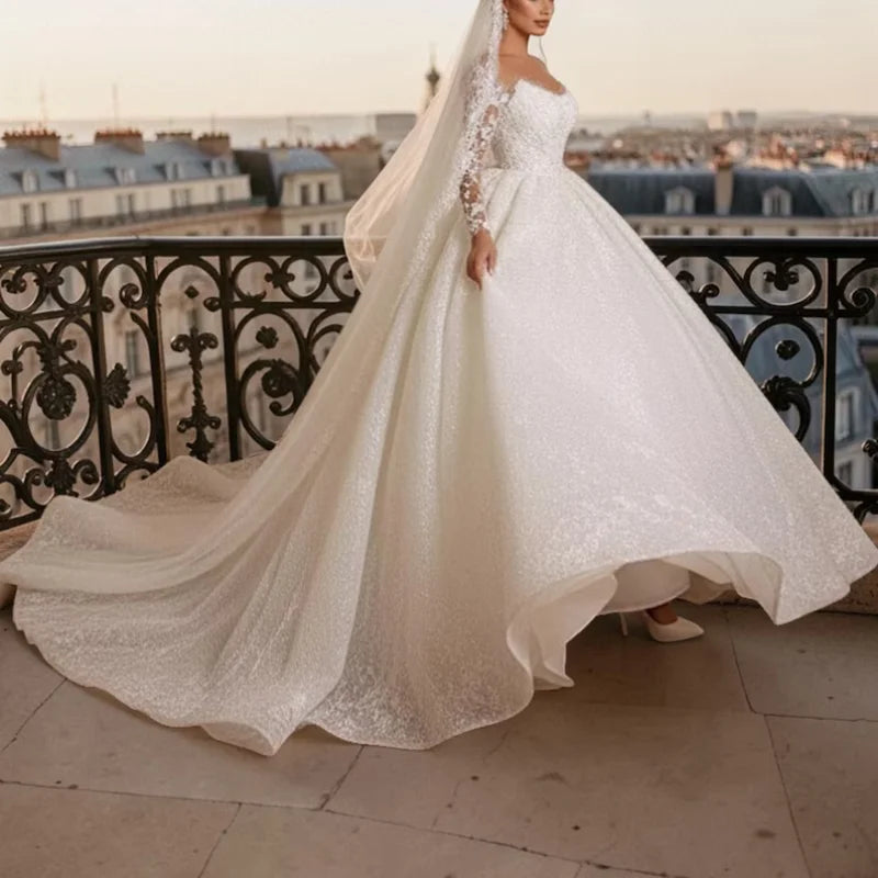 Custom Luxury Glitter Lace Ball Gown Wedding Dress Elegant Long Sleeve Bridal Gown Cathedral Train Plus Size Vestido De Novia