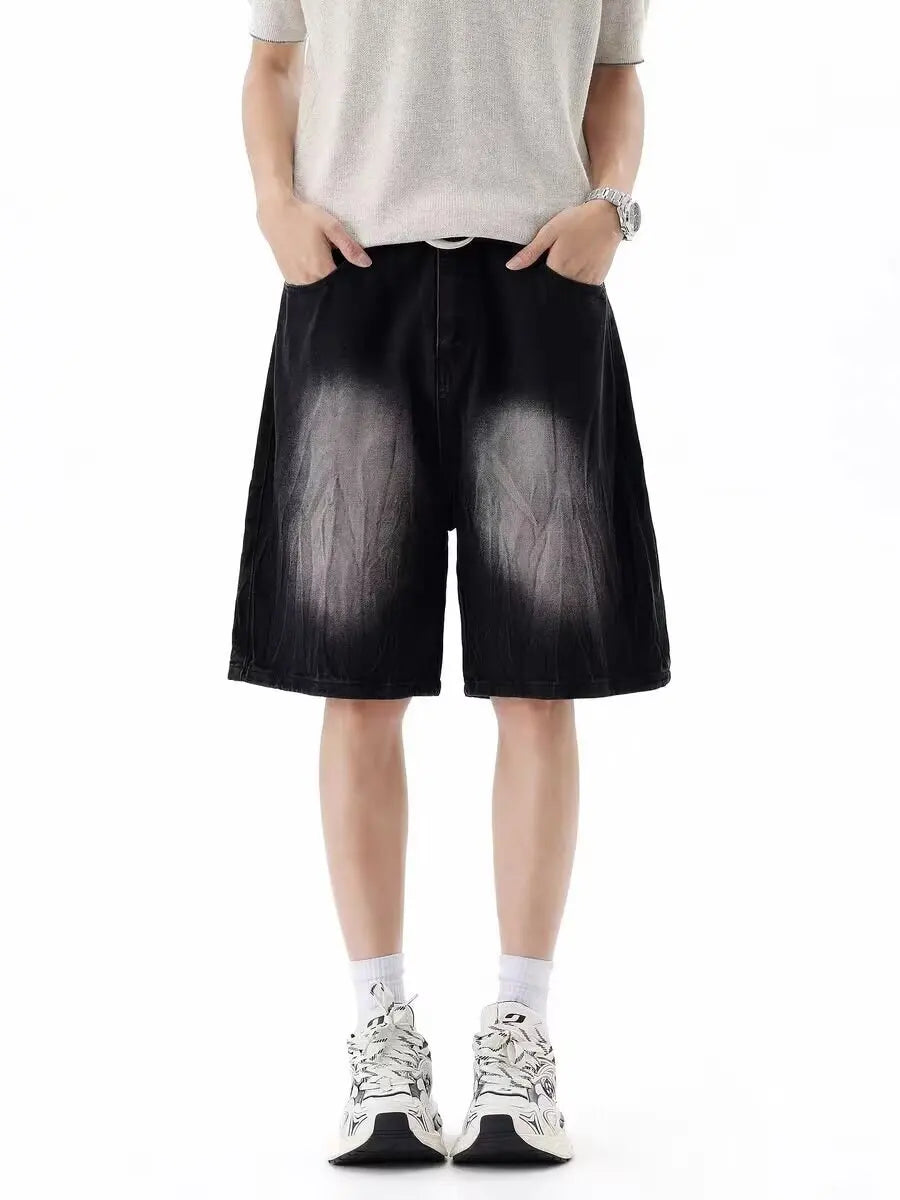 Mens Denim Shorts Jorts Wide Leg Baggy Loose Fit Retro Vintage Summer Casual Straight Comfy Five