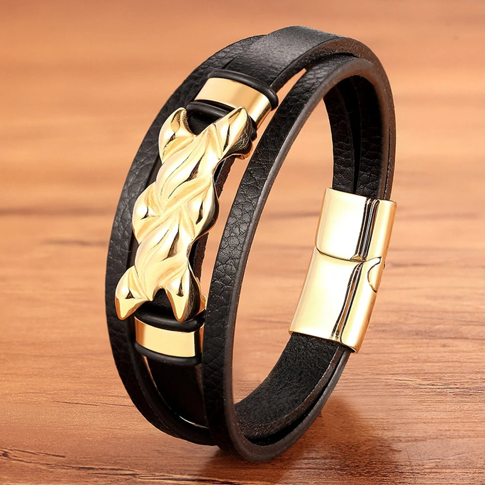 XQNI Luxury Vintage Multilayer Leather Men Bracelet Bead Bracelet Stainless Steel Charm Jewelry Male Wrist Bangle Birthday Gift
