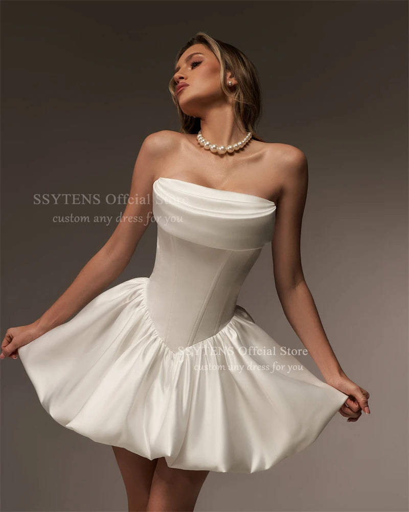 SSYTENS Vintage Satin Wedding Party Dresses Strapless Short A Line Ivory Lace Up Back Vestidos Para Mujer Bridal Gown Customized