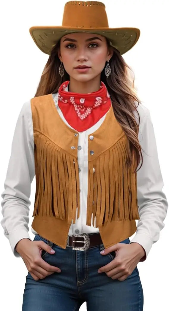 Women Men Cowgirl Costume Western Vest Hat Belt Bandana Set for Cowboy Tassels Fringe Vest Halloween Outfits Wild West Cosplay