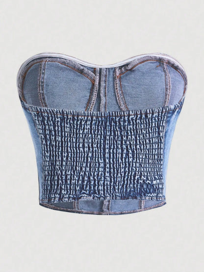 European style plunging neck denim spring new style sexy and intense allure fitted waist shaping design