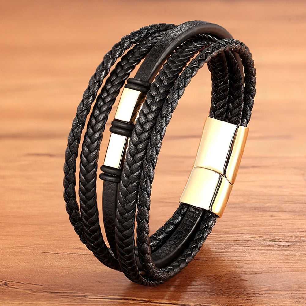 XQNI Luxury Vintage Multilayer Leather Men Bracelet Bead Bracelet Stainless Steel Charm Jewelry Male Wrist Bangle Birthday Gift