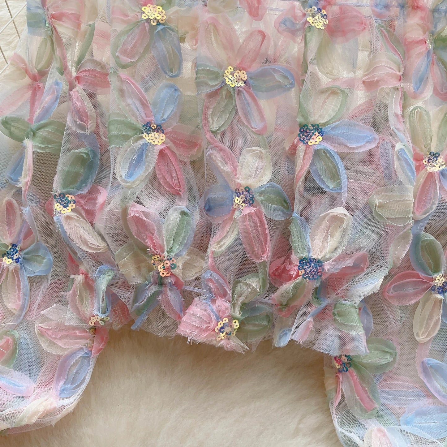 Women's Sheer Tulle Blouse with 3D Floral Appliques Long Puff Sleeves, Sequin Embellished, Transparent Mesh Top
