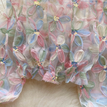Women's Sheer Tulle Blouse with 3D Floral Appliques Long Puff Sleeves, Sequin Embellished, Transparent Mesh Top