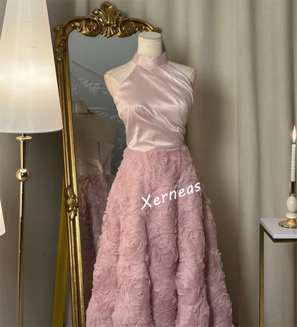 Customized Charmeuse Flower Halter A-line Long Dresses Bespoke Occasion Elegant Charming Party Gown Prom Formal Evening
