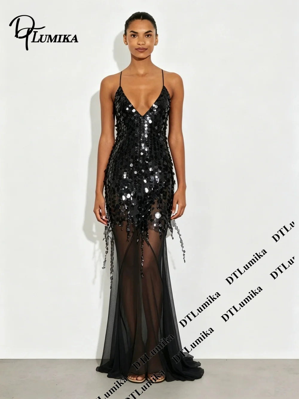 DTLumika Pale Yellow Sequin Slip Maxi Party Dress Beach Holiday Dresses for Women Spaghetti Straps Long Sheath Vacation Gowns