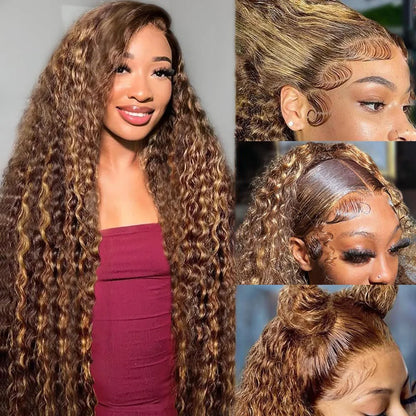 36 Inch Deep Wave P4/27 Highlight Ombre 13x6 13x4 HD Transparent Lace Front Wigs Curly Lace Frontal Wigs for Women Pre Plucked