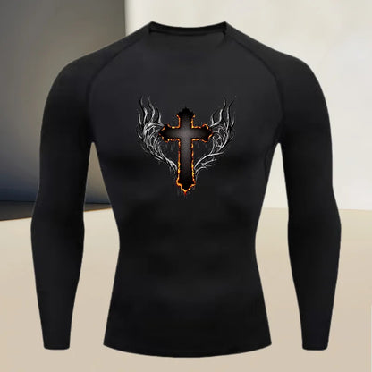 Men's round neck quick drying compression long sleeved printed top - a must-have for high stretch fitness and outdoor sports
