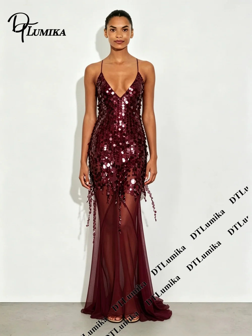 DTLumika Pale Yellow Sequin Slip Maxi Party Dress Beach Holiday Dresses for Women Spaghetti Straps Long Sheath Vacation Gowns