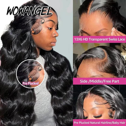 Wow Angel Body Wave Jet Black 250% 13x6 HD Lace Full Frontal Human Hair Wigs SkinLike HD Lace Front Wigs Pre Plucked for Women