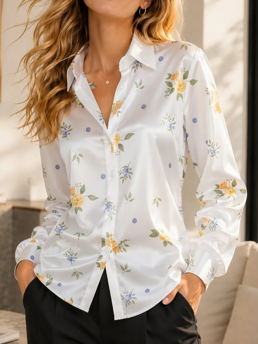 Women Green Satin Blouse White Floral Print Long Sleeve Button Down Shirt Elegant Spring Autumn Office Lady Top Casual Wear New