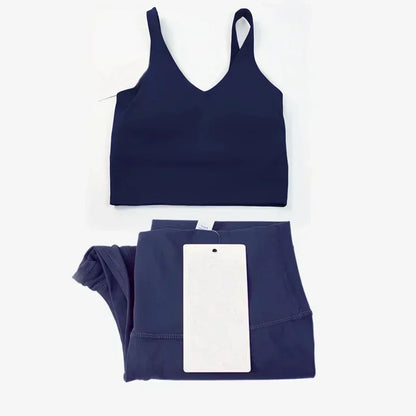 Classic women's 2-piece yoga outfit: U-shaped camisole top & high-waisted nude-feel leggings, suitable for fitness and workout.