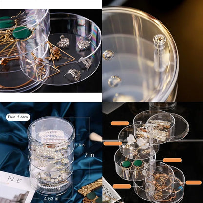 360 Rotating Jewelry Organizer Clear Plastic Storage Box Compact Multi-Layer Earring Ring Holder Dustproof Desktop Display Case