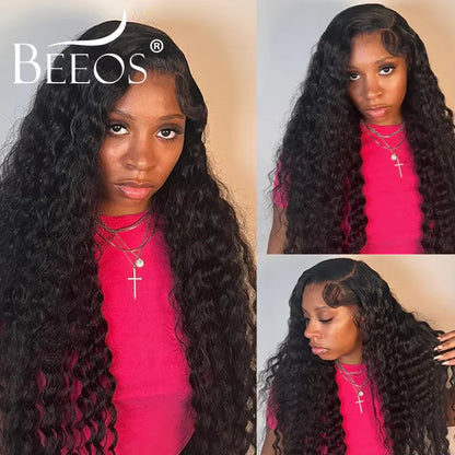 #1 Jet Black 13x6 HD Lace Frontal Human Hair Wigs Deep Wave Wigs Ultra Fitted Brazilian Virgin Hair Middle Part Bleached Knots