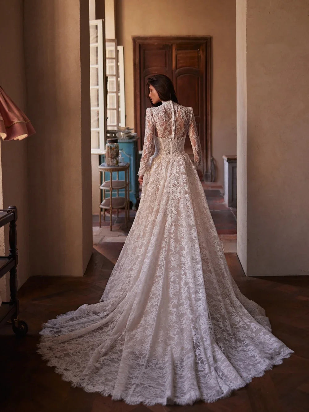 Customized Elegant Lace Long Sleeve Mermaid Wedding Dress Detachable Train Luxury High Collar Beaded Wedding Bride Dress
