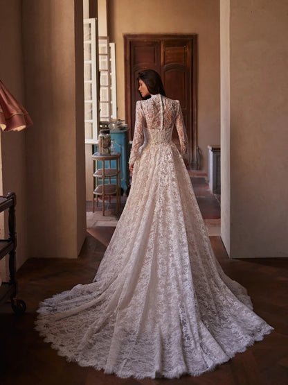 Customized Elegant Lace Long Sleeve Mermaid Wedding Dress Detachable Train Luxury High Collar Beaded Wedding Bride Dress