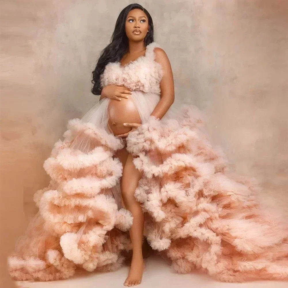 Maternity Dresses Customized Photoshoot Tiered Ruffles Pregnant Women Gowns Baby Shower Off Shoulder Front Slit Bridal Sleepwear