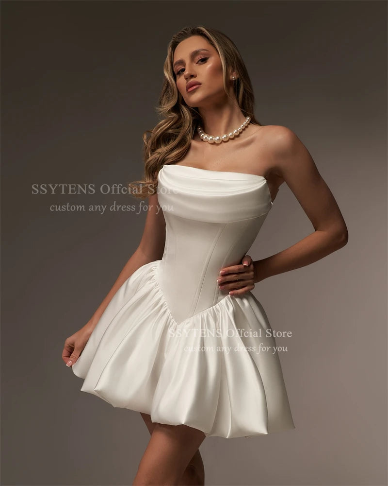 SSYTENS Vintage Satin Wedding Party Dresses Strapless Short A Line Ivory Lace Up Back Vestidos Para Mujer Bridal Gown Customized