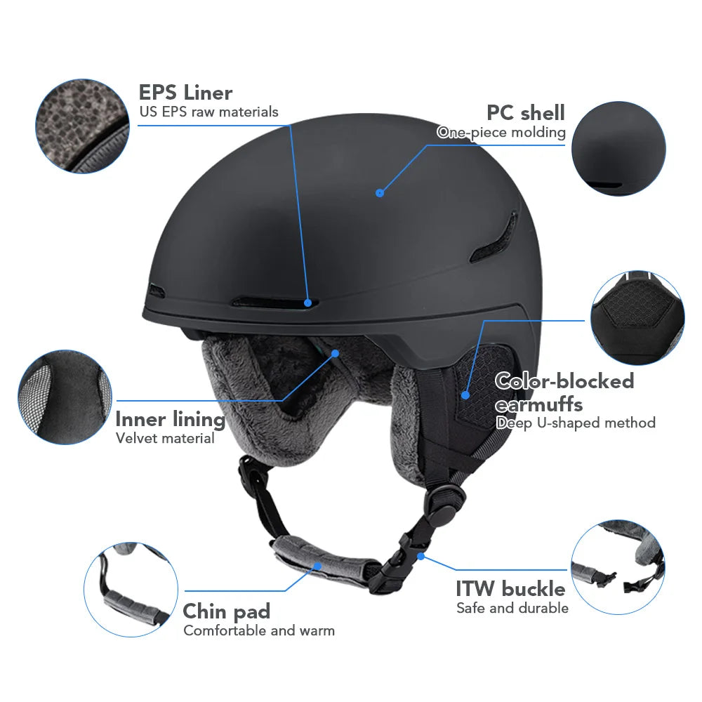 Ski Snowboard Helmet Lightweight EPS Liner Thickened PC Shell Adjustable Velvet Interior Safety Helmet for Men Women Adult