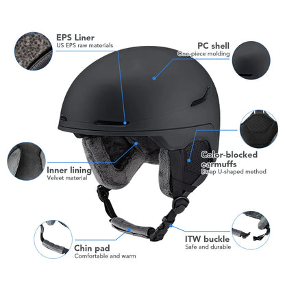 Ski Snowboard Helmet Lightweight EPS Liner Thickened PC Shell Adjustable Velvet Interior Safety Helmet for Men Women Adult