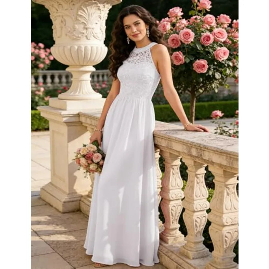 Wedtrend Women's Formal Dress, Halter Long Prom Dress Floral Lace Bridesmaid Dresses