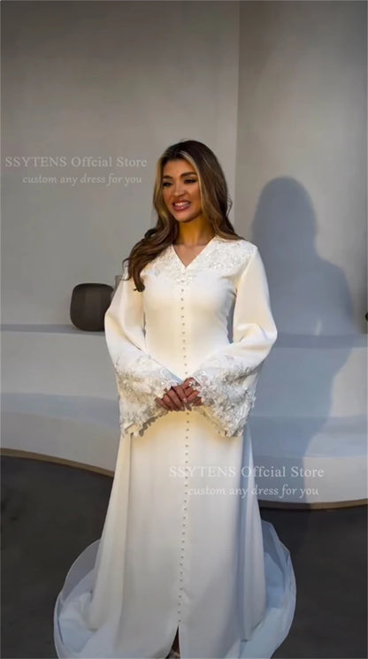 SSYTENS Modest Muslim Wedding Dresses Customized Brides Dress Appliques Ivory Nikkah Caftan Bridal Gowns Long Vestido De Noiva