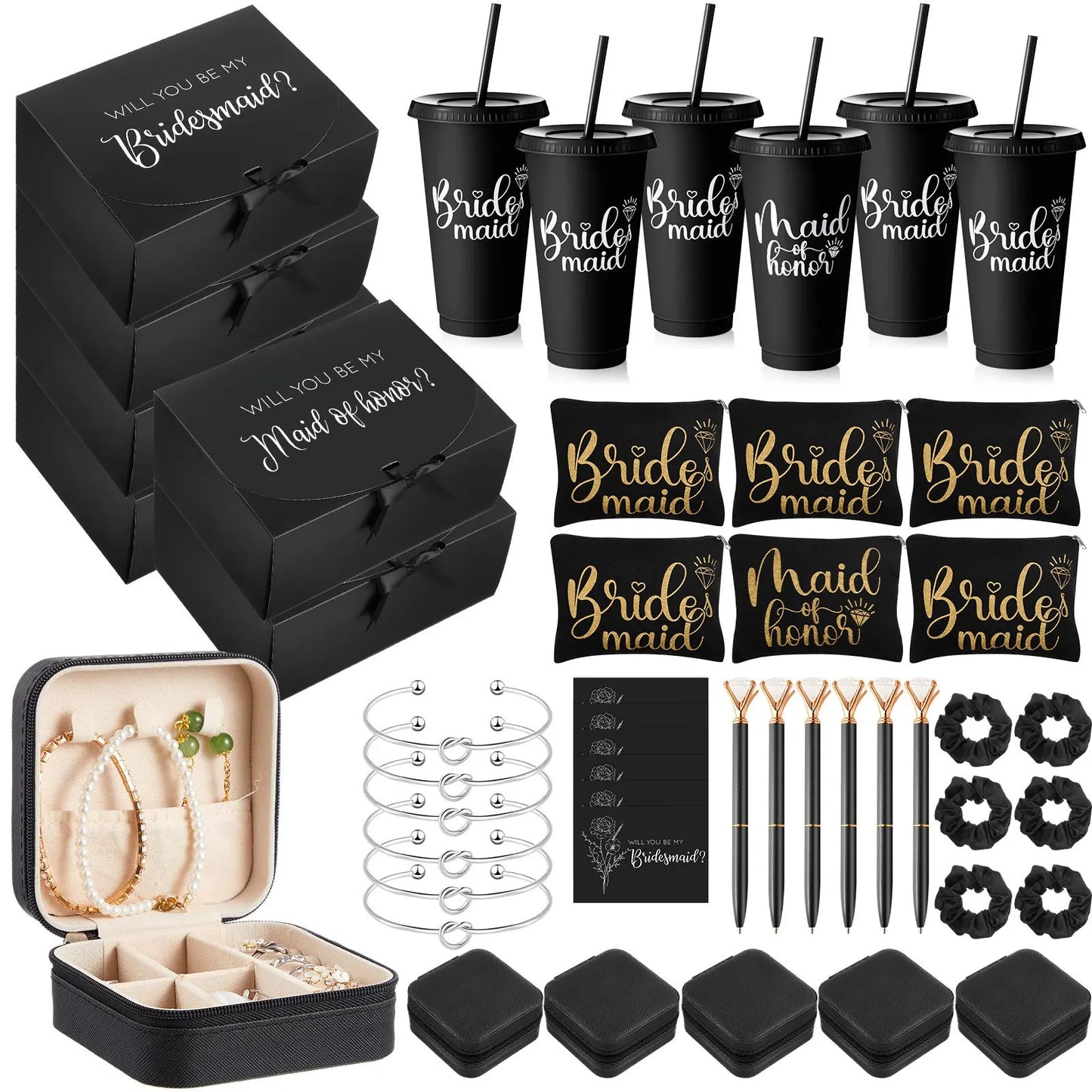 48pcs Bridesmaid Proposal Gifts Set | Maid of Honor Gifts Set from Bride Will You Be My Bridesmaid Gift Box, 24 oz Tumbler, Bridal Bachelorette Party Presents for Bridesmaids Wedding (Black)
