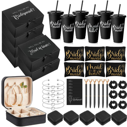 48pcs Bridesmaid Proposal Gifts Set | Maid of Honor Gifts Set from Bride Will You Be My Bridesmaid Gift Box, 24 oz Tumbler, Bridal Bachelorette Party Presents for Bridesmaids Wedding (Black)