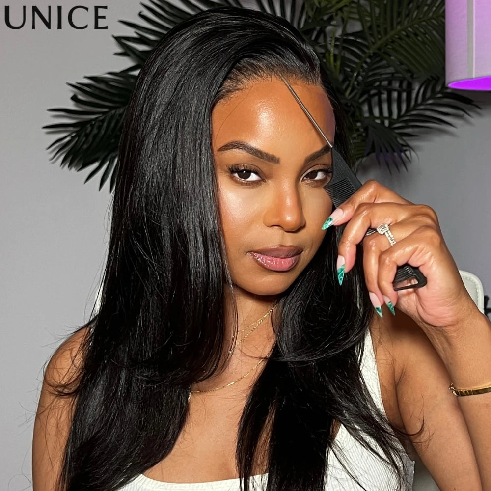 UNice Bye-Bye Knots™ 7x5 Lace Pre Layered Side Part Yaki Straight Wig Human Hair Glueless Wig Short Bob Wigs 150% Density