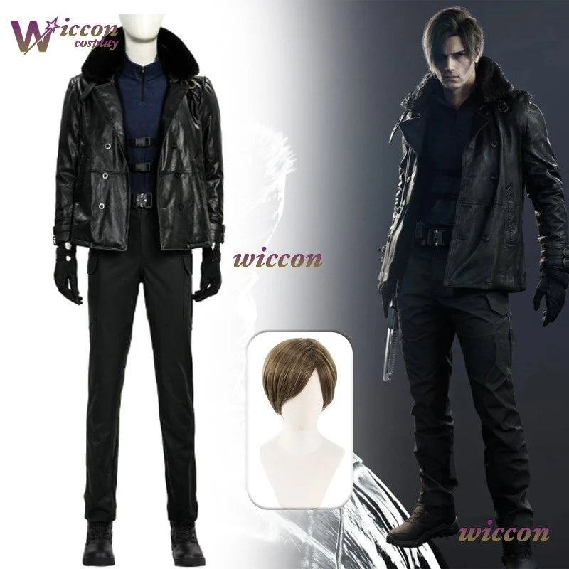 Kosplay Requiem Resident Cos Evil Leon·S·kennedy Cosplay Leon Cosplay Costume Pu Coat Full Set Party Uniform Hallowen Play Role
