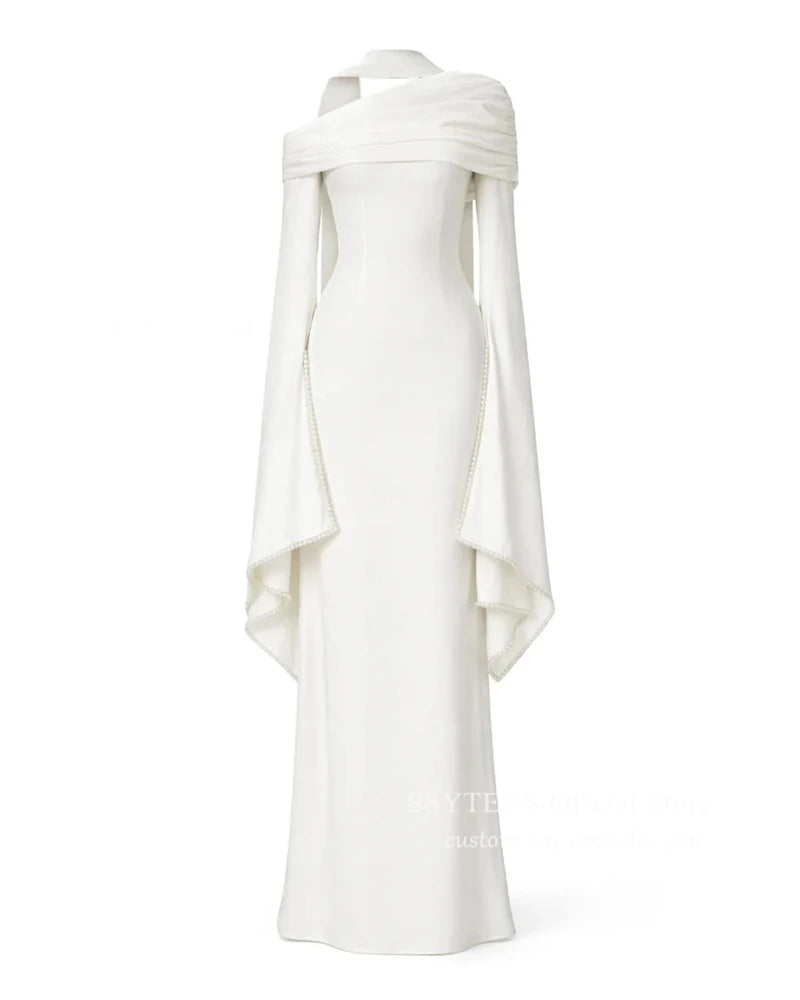 SSYTENS Modest Ivory Wedding Dresses Long Sleeves Formal Prom Gowns One Shoulder Pearls Elegant Wedding Party Dresses Customized