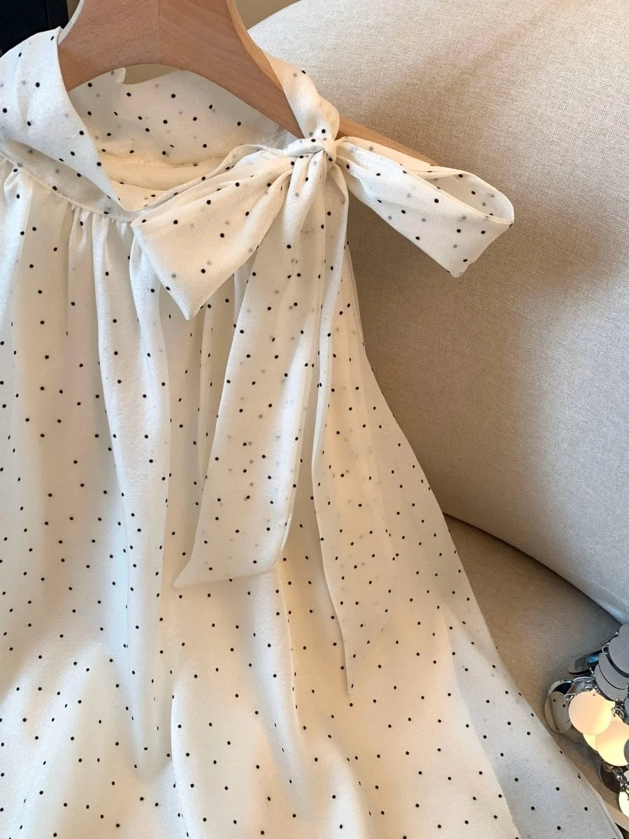 Summer Polka Dot  Knot Tie Neck Sleeveless Vest Women's Fashionable Ageless Slimming Top Polyester Fiber Gown