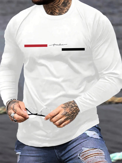100% pure cotton men's long sleeved round neck loose casual freedom letter pattern printed spring and autumn versatile T-shirt