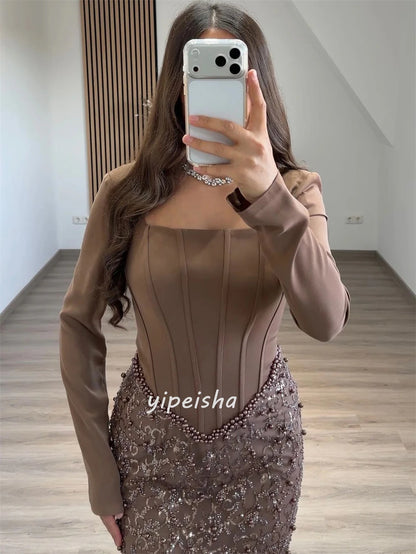 Customized High Quality Fashion Jersey Sequined Beading Mermaid Square Neck Long Dresses Bespoke Occasion Dresses Matching Sexy