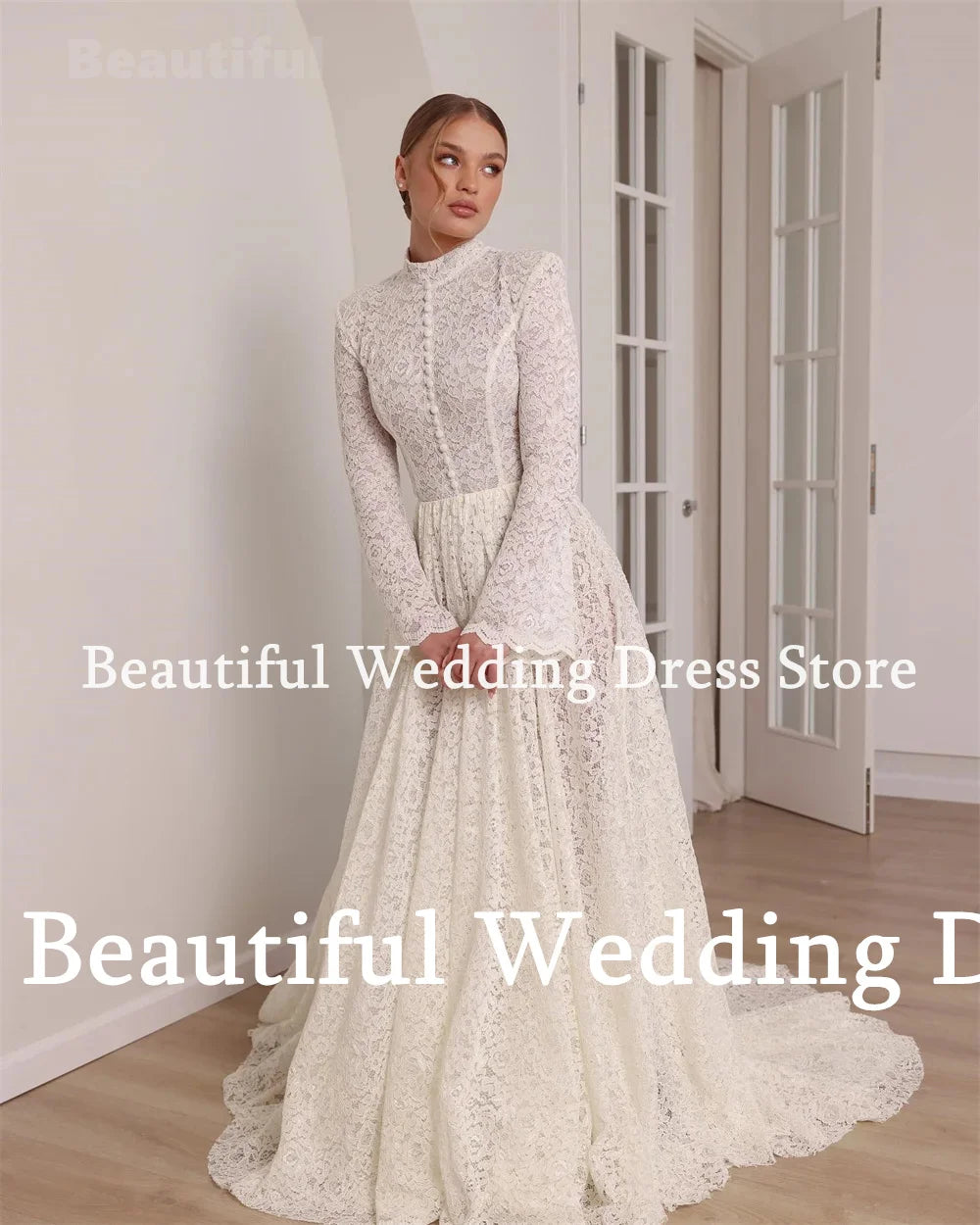 Allure Bridals Wedding Dress Lace High Neck Long Sleeves A-Line Floor-Length Bridal Dress Vestidos de novia Arab Robes de mariée