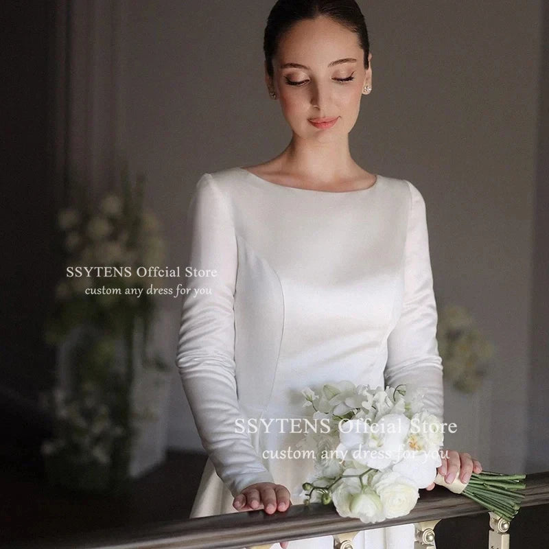 SSYTENS Elegant White Simple Wedding Dresses O-Neck Long sleeves Satin Draped Pleat A-line Floor-Length Bridal Gowns Customized