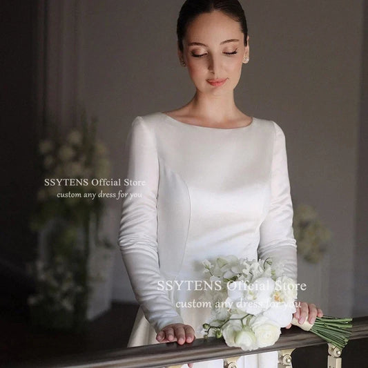 SSYTENS Elegant White Simple Wedding Dresses O-Neck Long sleeves Satin Draped Pleat A-line Floor-Length Bridal Gowns Customized