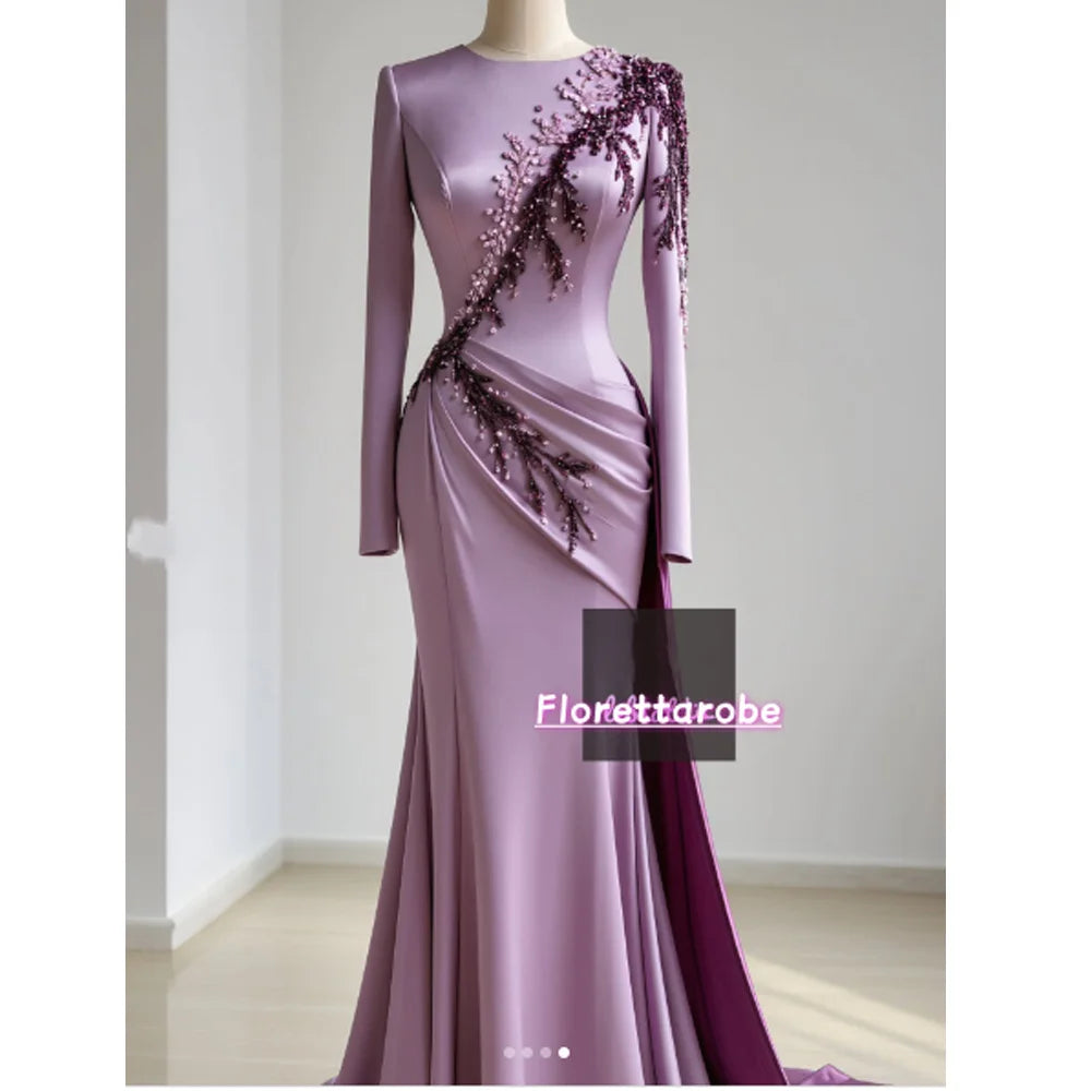 Florettarobe Exquisite Purple Satin Sequined Appliques Pleat  High Collar Long Midi Dress Bespoke Occasion 4 styles Customized