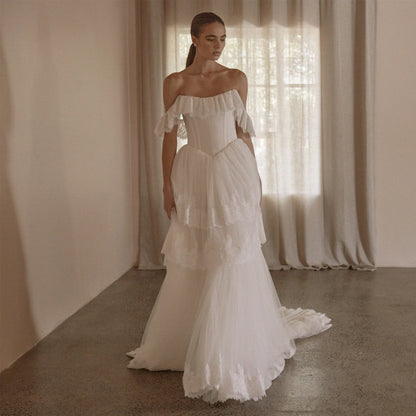 Romantic Lace And Tulle Wedding Dress A Line Off The Shoulder Sweep Train Elegant Bridal Gown Customized