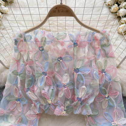 Women's Sheer Tulle Blouse with 3D Floral Appliques Long Puff Sleeves, Sequin Embellished, Transparent Mesh Top