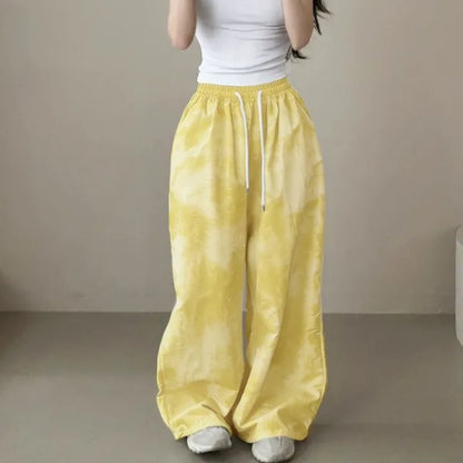 2026 Korean Version Pants Women's Tie-dye Loose Fashion Casual Drawstring Large Size Camouflage Printing Wide-leg Floor Pants