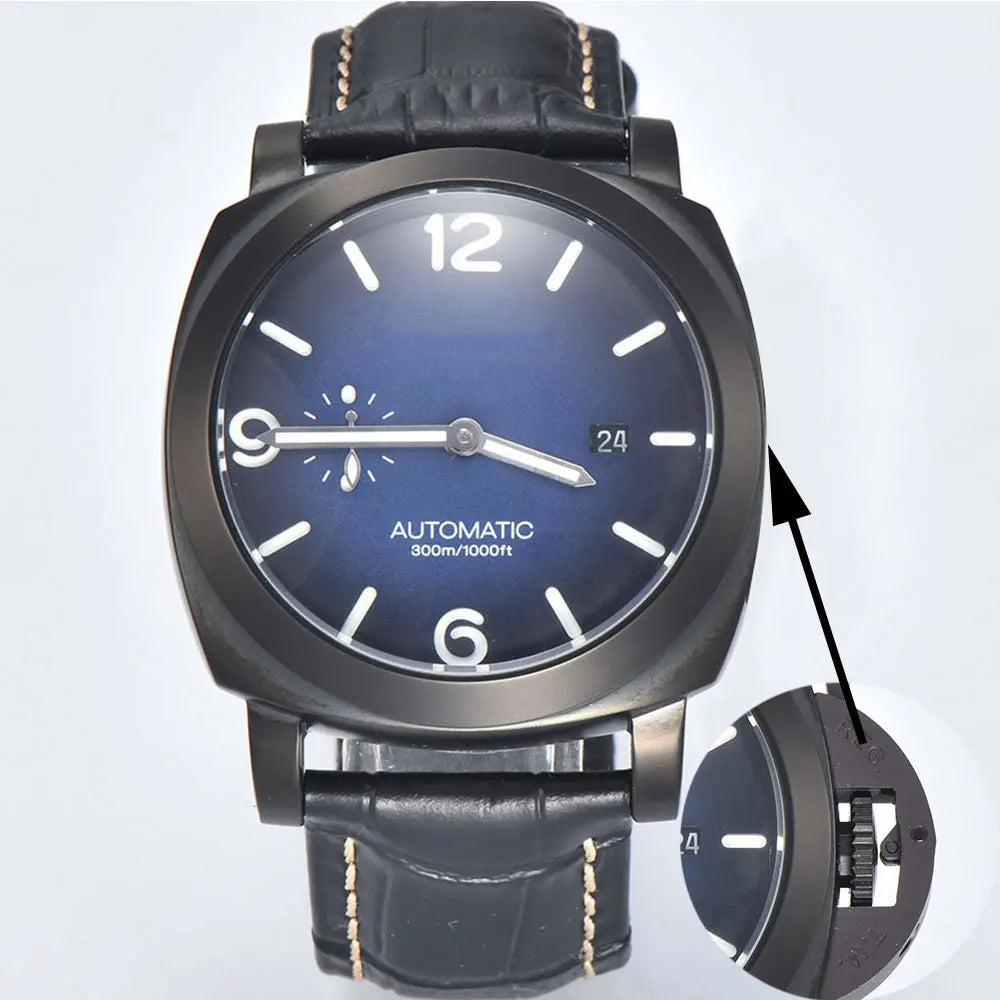 44mm Men's Watch Seagull ST2555 Movement Stainless Steel Case Automatic Mechanical Watch Strength Mineral Glass Leather Bracelet