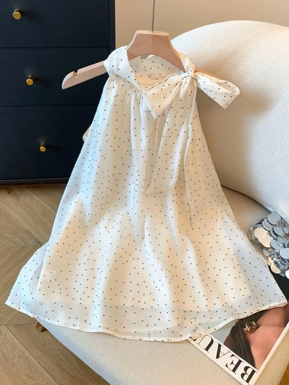 Summer Polka Dot  Knot Tie Neck Sleeveless Vest Women's Fashionable Ageless Slimming Top Polyester Fiber Gown