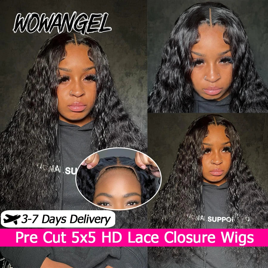 34In Natural Wave Glueless Wigs Pre Cut 5x5 HD Lace Closure Wigs Human Hair Skinlike HD Lace Curly Wigs Pre Bleached For Women