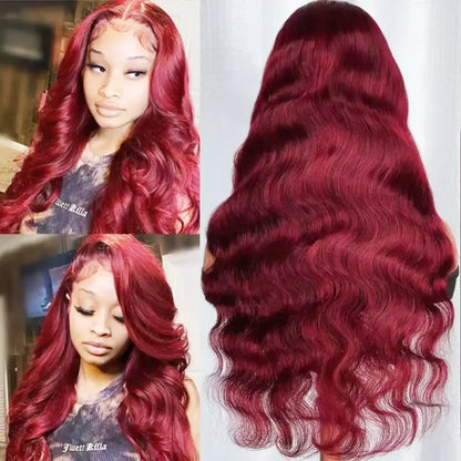 99J Dark Burgundy Colored Body Wave With Bangs Human Hair Wig 13x6 Lace Frontal Wig 13X6 Red Lace Front Human Hair Wigs 13X4 Burgundy 99J Lace Front Wigs Pre Plucked Black Women