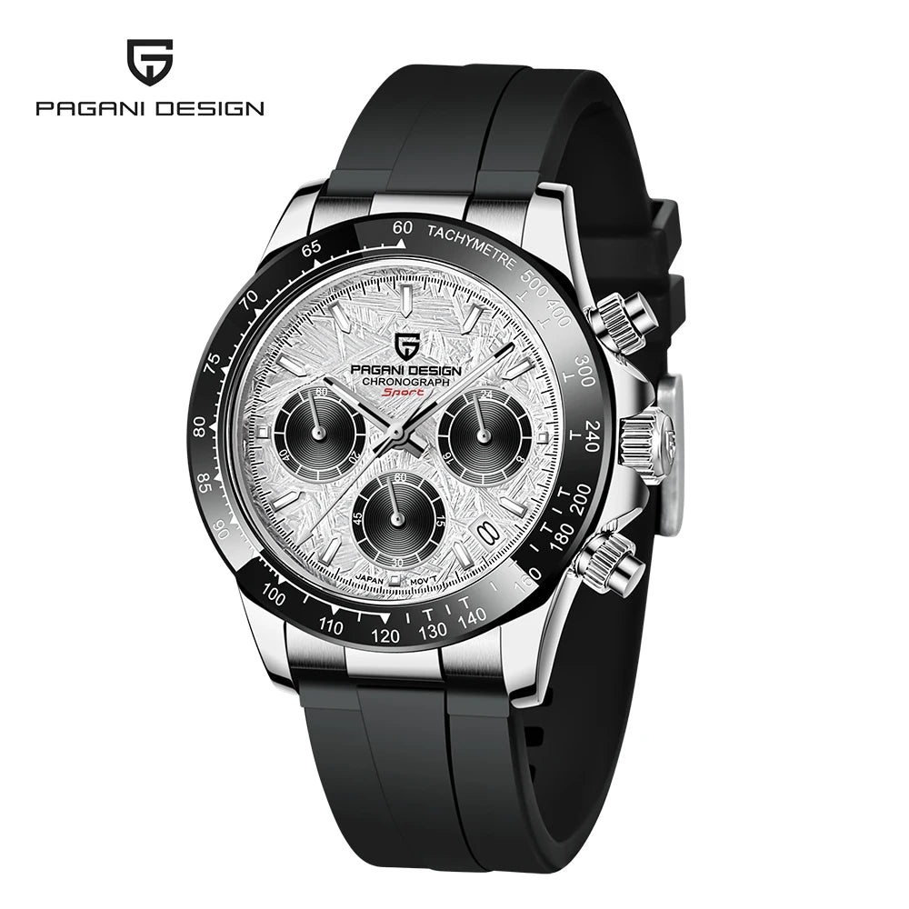 PAGANI DESIGN Men Quartz Chronograph Watch RoseGold Case Black Ceramic Bezel Brown Dial Rubber Strap Waterproof Sports watch+box